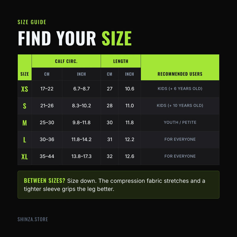 Signature Shin Pad size guide with calf circumference and length by size
