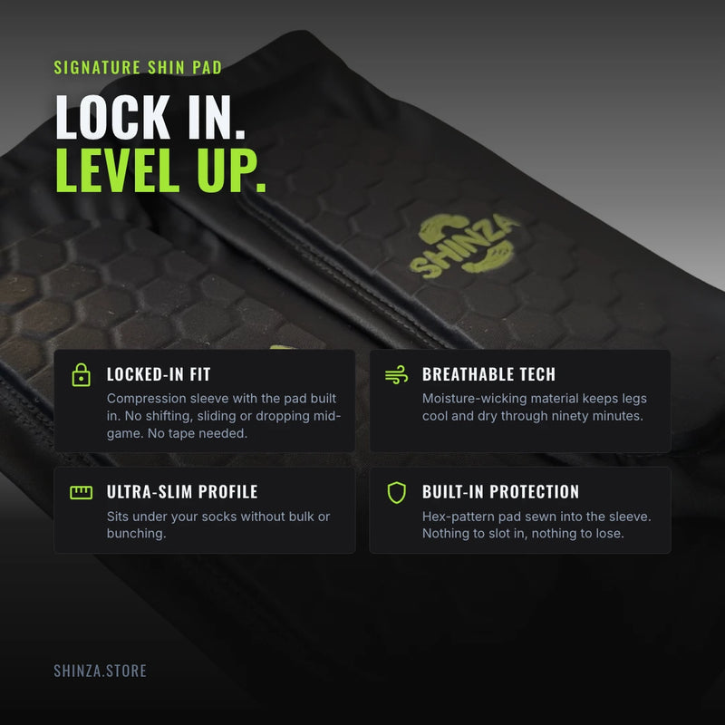 Signature Shin Pad features: locked-in fit, breathable tech, ultra-slim profile, built-in hex-pattern protection